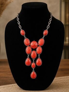 Red Statement Pendant Necklace - Bold Teardrop & Oval Design